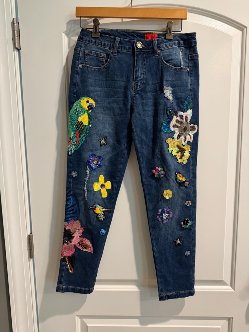 Embroidered Dark Blue Cropped Jeans with Parrot & Floral Sequin Motifs
